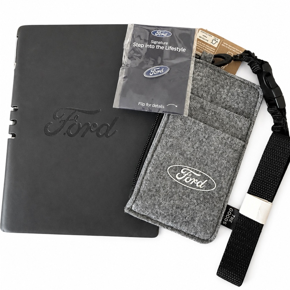Ford Black Notebook, Gray Felt Travel Wallet with Lanyard, and Pin